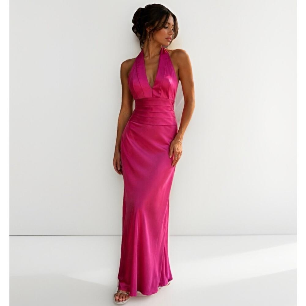 90s Y2K Sz 12 Papell Boutique Hot Pink Satin Halter Maxi Gown Dress Formal Prom
